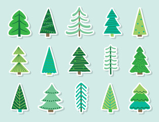 Abstract Christmas tree stickers collection. X-Mas doodle ornaments. Vector illustration