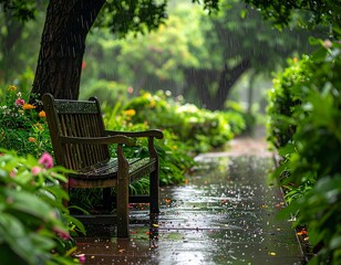 Rainy Garden Path with Bench.
