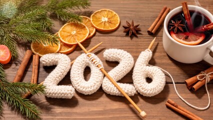 Festive Composition of New Year 2026 Wool Knitting and Christmas Spices