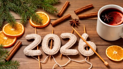 Rustic Wooden Table with Knitted New Year 2026 and Holiday Atmosphere