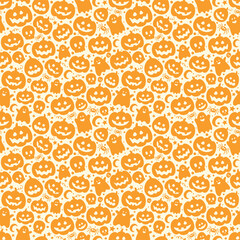 Cute Halloween pattern with hand drawn pumpkin lanterns. Seamless texture design. Vector illustration
