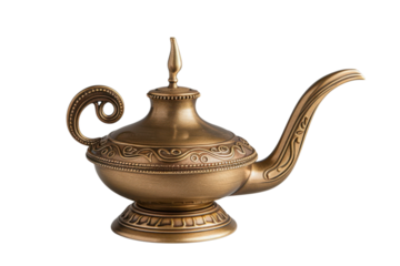 An ornate, golden genie lamp with intricate carvings stands against a stark black background. The lamp evokes tales of magic and wishes.