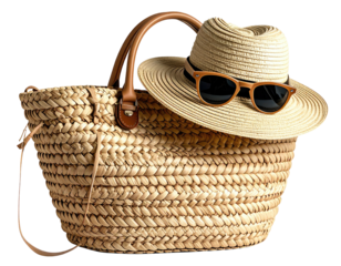Light beige woven straw bag with matching hat and sunglasses