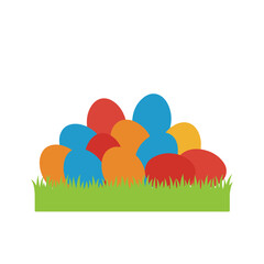 Easter eggs lie hidden in vibrant green grass in a flat, graphic style