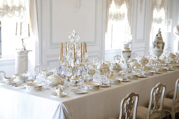 table with cutlery in the palace in Peterhof