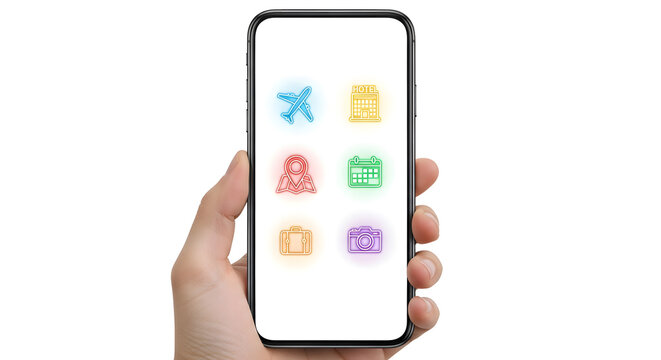 Travel Mobile App with Colorful Neon Icons on Smartphone Screen