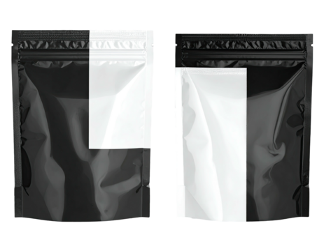 Two black glossy zippered pouches with white panels