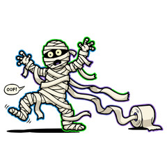 Fototapeta premium Comic Monster Unraveling Vector Art, Oops! Spooky Humor Graphic, Expressive Mummy with Unwinding Wraps, Halloween promotions, greeting cards, and any project needing a fun and spooky element.