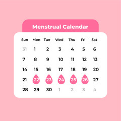 Monthly menstrual calendar with drop icons to track period days and manage cycles, flat art design style.
