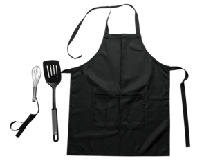Black apron and cooking utensils