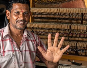 Man Showing Five Fingers Near Piano Keys.