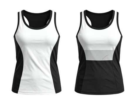 Front and back view of a women's athletic tank top featuring a white panel and black trim