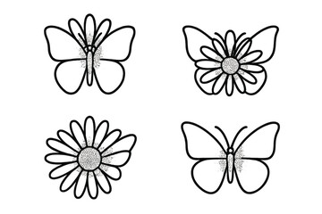 Black line art of butterflies and daisies arranged in a square layout highlighting floral and insect designs