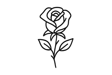 Elegant black line drawing of a rose with leaves on a simple white background showcasing beauty and simplicity