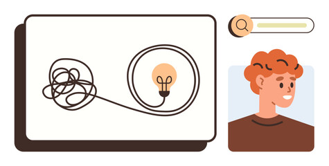 Tangled rope connected to a glowing light bulb on board, search bar, smiling person. Ideal for problem-solving, creativity, innovation, brainstorming, clarity ideas and education. Minimalist flat