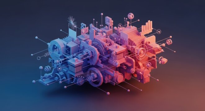 Isometric Abstract Machine, Blue and Red Toned Technological Concept
