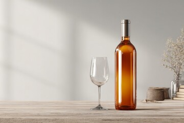 Elegant Amber Wine Bottle and Glass on Rustic Wooden Table