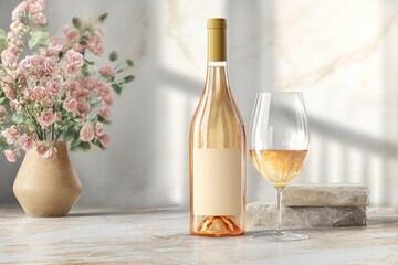 Elegant Rose Wine Bottle with Glass and Flowers on Marble Surface