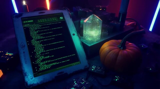 A cyberpunk ritual altar with a tablet, holographic crystal, and pumpkin glowing with neon light, modern ai witchcraft concept