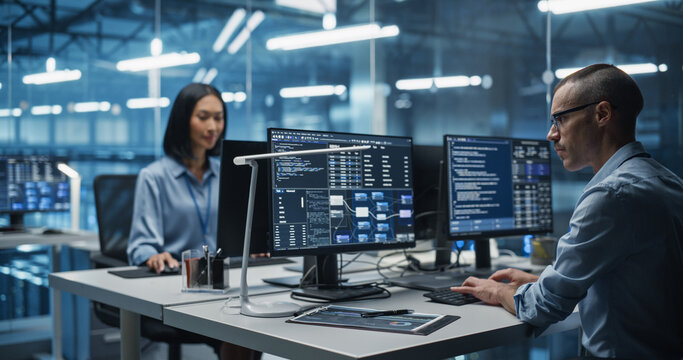 Diverse Team of Developers with a Focus on Asian Female Collaborate in a Modern Data Center, Optimizing Systems and Building Cybersecurity Through Advanced Coding and Data Analysis - Powered by Adobe