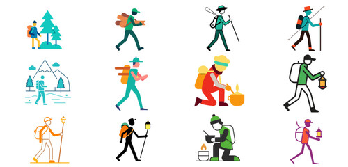 Diverse hikers and campers engaged in various outdoor activities with backpacks