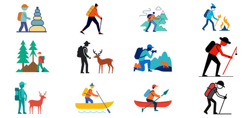 Diverse outdoor adventures featuring hikers campers and wildlife encounters