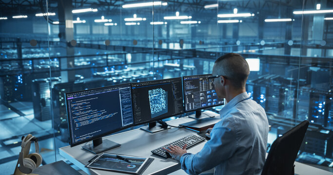 Sitting in Front of Three Computer Monitors in a Glass-Enclosed Modern Data Center Office, Software Engineer Works on Developing a Visual AI Model, Carefully Adjusting Lines of Code - Powered by Adobe