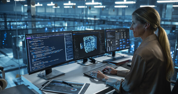 Female Developer Typing Software Code, Managing Several Open Screens Showing Editors and AI Model Diagnostics. Professional Reviewing Output for Errors in the Data Center Office