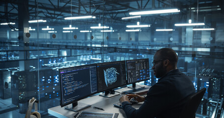 Male Software Engineer Focused on Working on a Machine Learning Model Displayed Across Three Monitors. Black Specialist Analyzing Data Outputs and Tweaking Parameters in Real Time