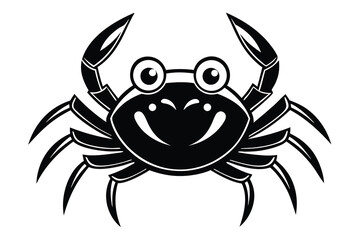 Happy Black Silhouette Crab Character with Big Eyes and Smiling Face black and white cartoon