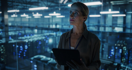 Female Data Analyst Studies Traffic Logs on Her Tablet Computer, Standing in a Modern Data Center with Server Systems. Young Woman Searching for Patterns to Improve Online Data Performance