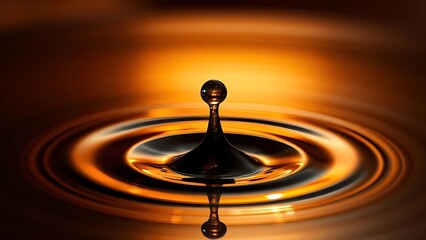 A droplet of a dark beverage creating a ripple, backlit with golden light.