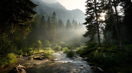 Obraz premium Morning light in misty forest sun rays shining through foliage distant mountains and flowing river quiet natural environment