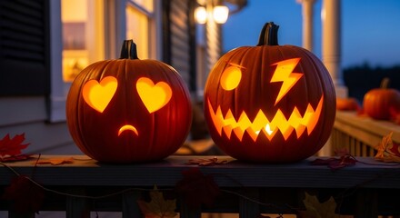 Fototapeta premium Two lit jackolanterns one with heart eyes sit on a porch railing amidst fall leaves at dusk