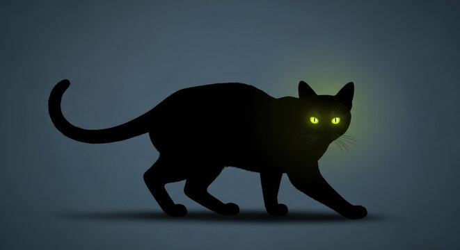 Mysterious black cat with glowing yellow eyes prowling in the dark night - Powered by Adobe