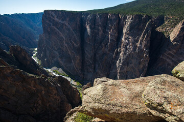 The Black canyon with river of the Gunnison National park in Colorado, USA. Depth canyon. 