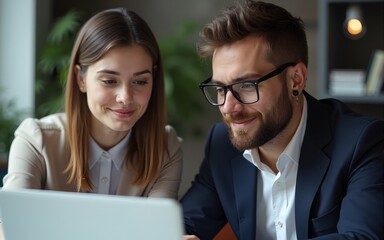 Fototapeta premium Portrait of two business colleagues, looking at something online. High quality