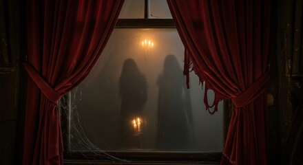 Window view with two silhouettes lit by candles and framed by dark red curtains