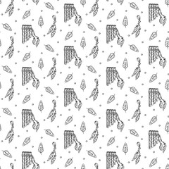 pattern from sampogno, musical instrument of native American settlements. Seamless texture in doodle style. flute made of wood, decorated with feathers and carvings. rituals. American Indians