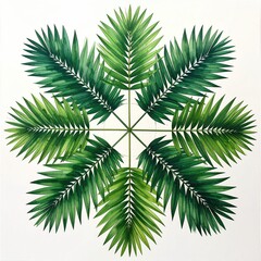 Obraz premium Symmetrical arrangement of eight vibrant green palm fronds forming a radial starburst pattern against a white background