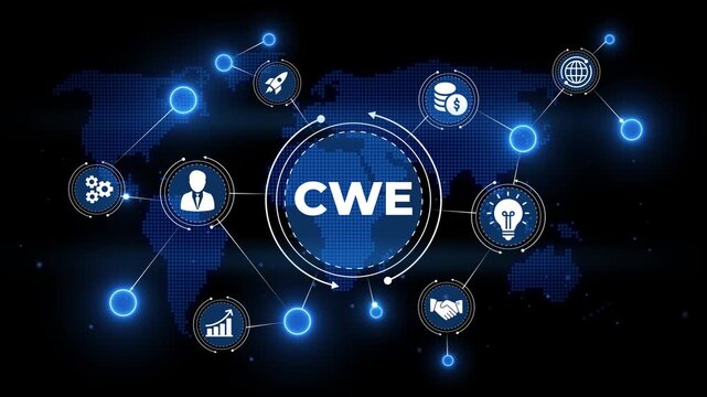 Global business network with CWE acronym and interconnected icons on a digital world map background - Powered by Adobe