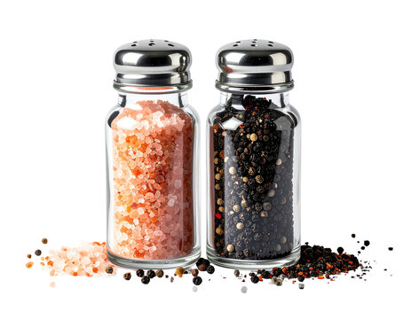 Two glass spice jars, one filled with pink Himalayan salt, the other with black peppercorns, sit on a white background with spilled spice