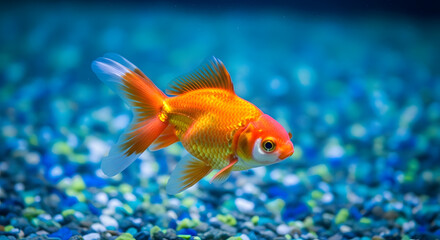Naklejka premium Orange goldfish swimming in aquarium with blue gravel and white background