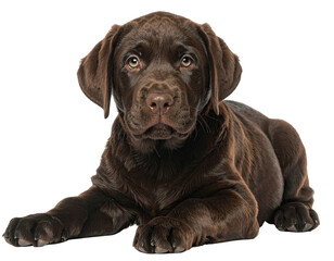 Fototapeta premium Chocolate Labrador puppy, lying down, looking directly at viewer (6)