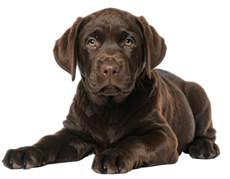 Chocolate Labrador puppy, lying down, looking directly at viewer (6)