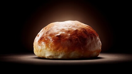 A single, freshly baked loaf of bread rests in soft, warm light, inviting the senses with its crusty exterior and promising a delightful eating experience.