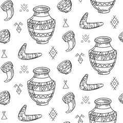 pattern of Native American objects in doodle. An earthenware jug and bowl, drinking horn, boomerang. Tableware with symbols, elements writing. Seamless texture. theme of nomadic life. American Indians