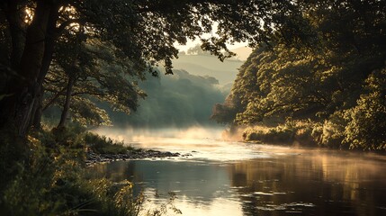 Early morning woodland with floating mist golden sunlight shining on tree trunks distant hills calm flowing river untouched scene