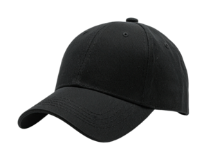 A plain black baseball cap angled to the right