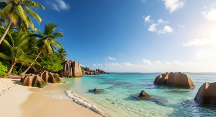 Naklejka premium Beautiful beach with palm tree, rock, and turquoise water in seychelles